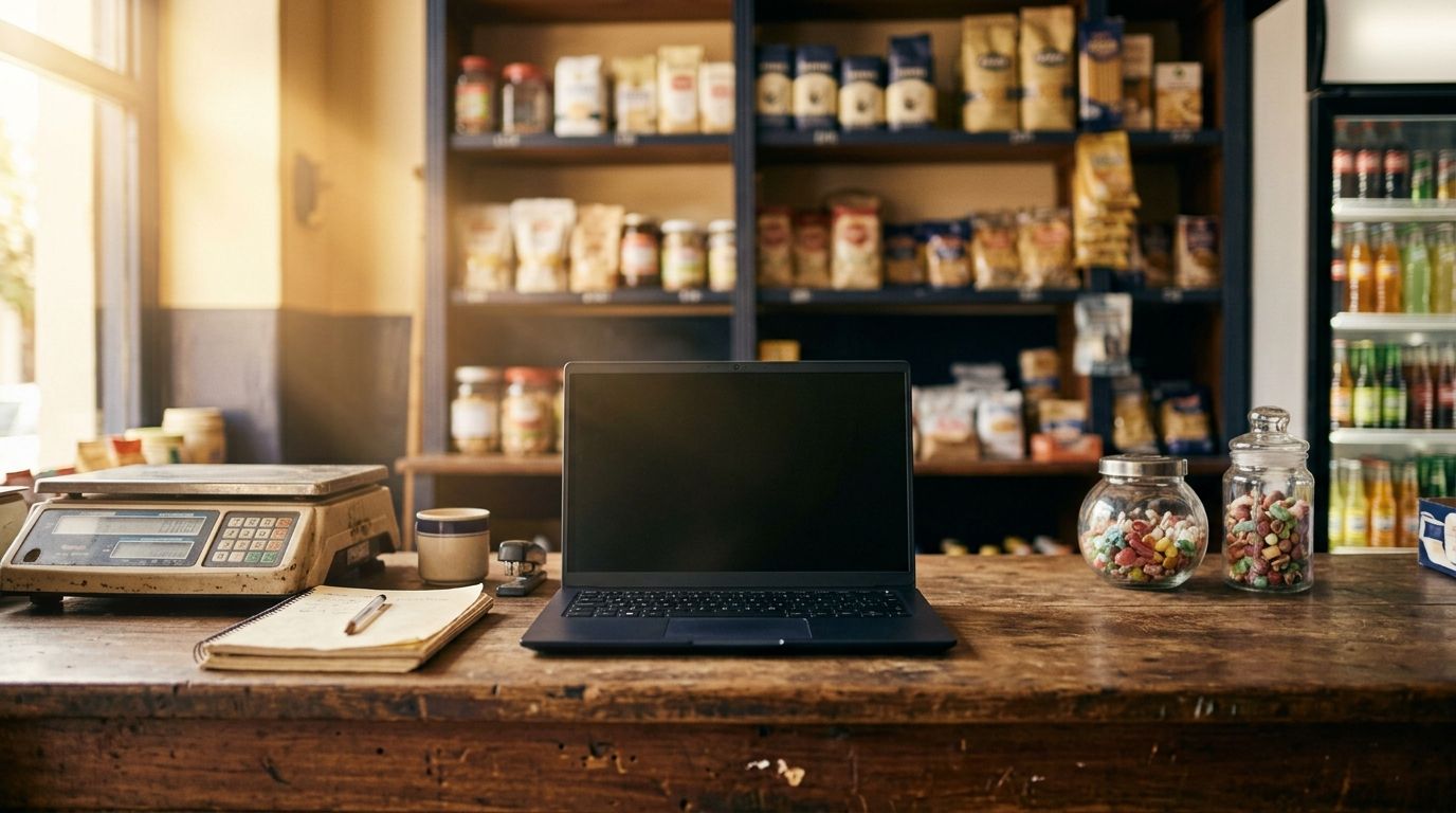 Mostrador de madera de un almacén de barrio de día, con una notebook abierta, una balanza, un cuaderno y frascos de caramelos; detrás, estanterías con mercadería.